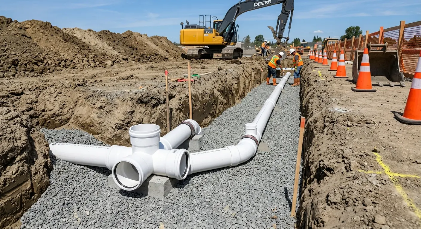 New PVC sewer pipe installation in open trench for Sewer Backup in Treasure Island