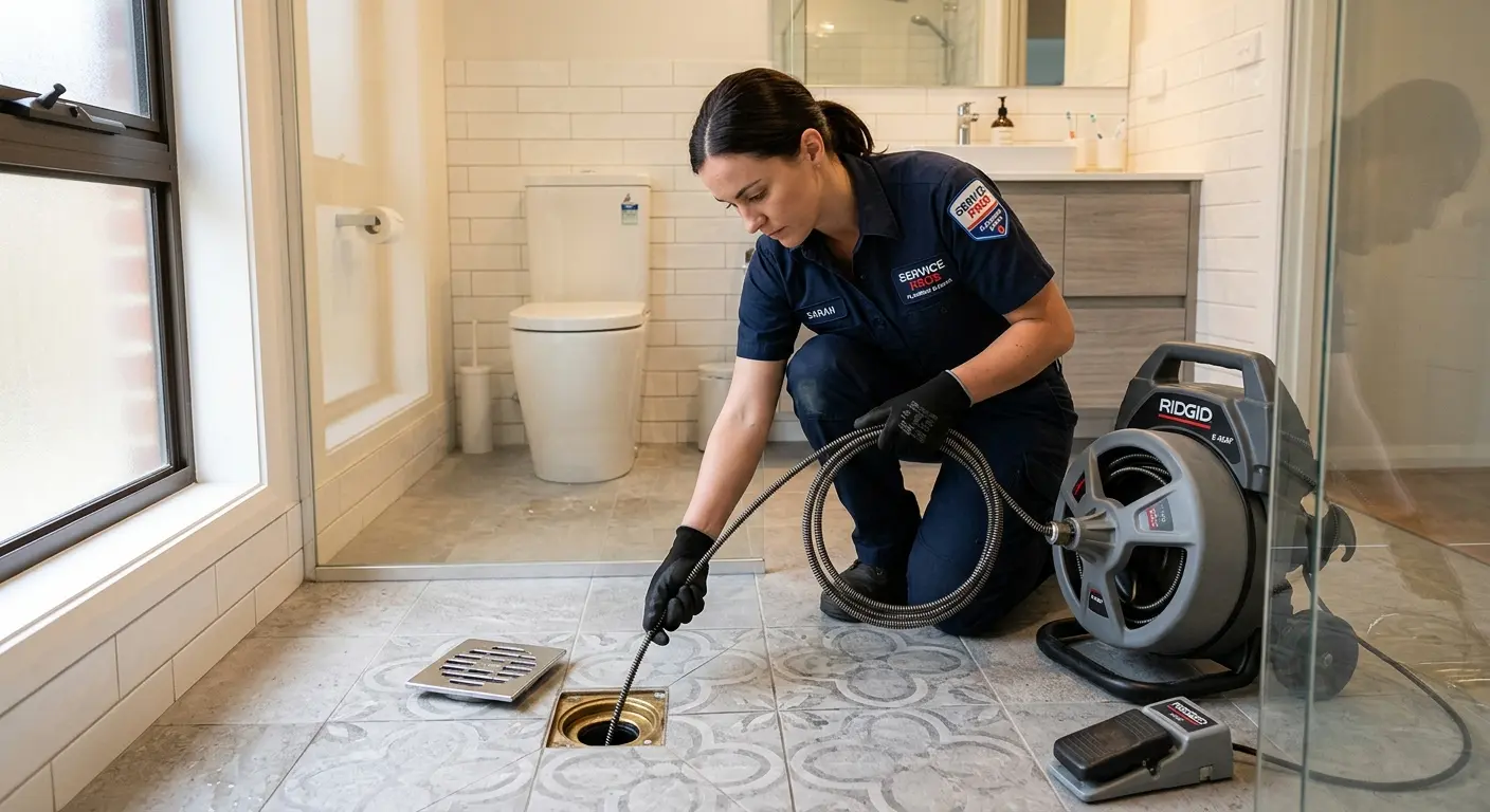 Technician clearing a bathroom floor drain for Hydro Jetting in Treasure Island